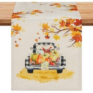 Fall Decoration Table Runner, Pumpkin Truck Maple Leaves Autumn Decor 13"x72"